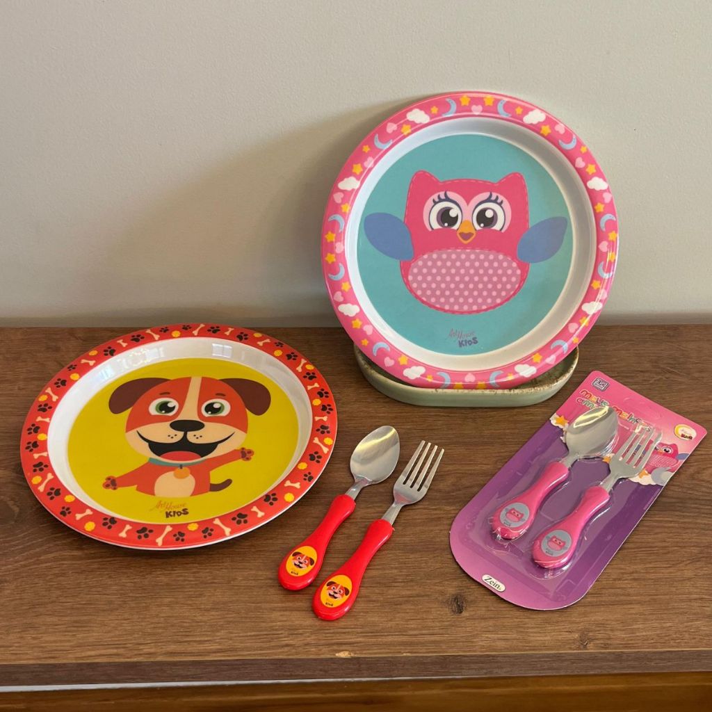 Kit Introdução Alimentar – Prato + Conjunto de Talher – Bebê Criança – Inox Plástico Termo Sensível