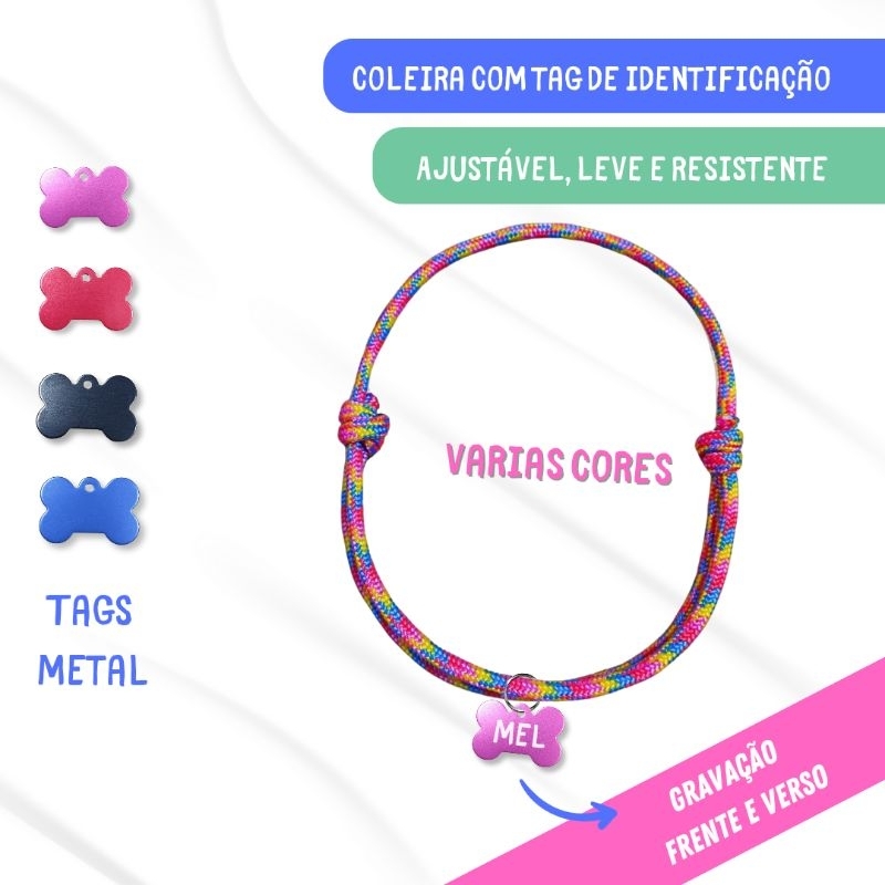 Coleira com tag de identificação Pet ajustável para cachorro e gato tag de Metal