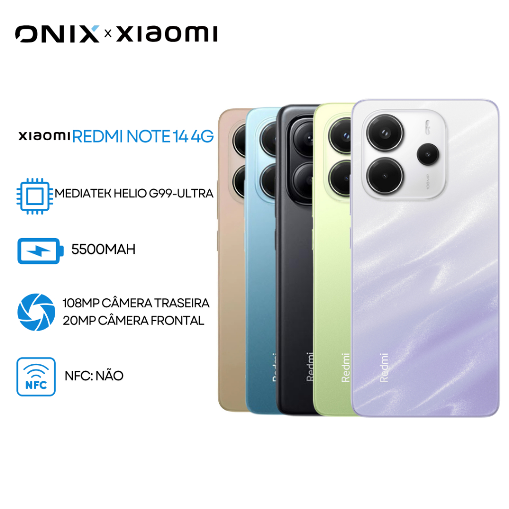 Xiaomi Redmi Note 14 4G,, Processador Helio G99-Ultra, Câmera 108MP, Versão Global128GB+6GB, 256GB+8