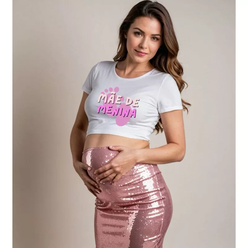 Camiseta Cropped Algodão Feminina Grávida Mãe de Menina Menino Gestação Ensaio Fotográfico Chá de Be