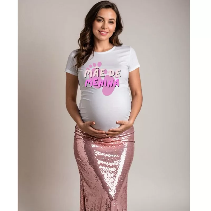 Camiseta Camisa Manga Curta Unissex Algodão T-shirt Grávida Mãe Pai De Menina Mundo Rosa Ensaio Gest
