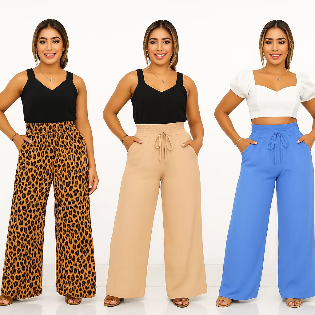 Calça Pantalona De Viscolinho Cós Largo Forrado  Com Bolso