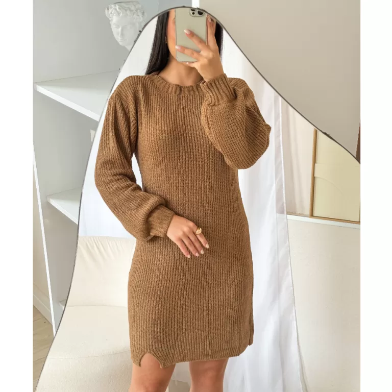Vestido De Mousse Tricot Trico Fendas Laterais Ele