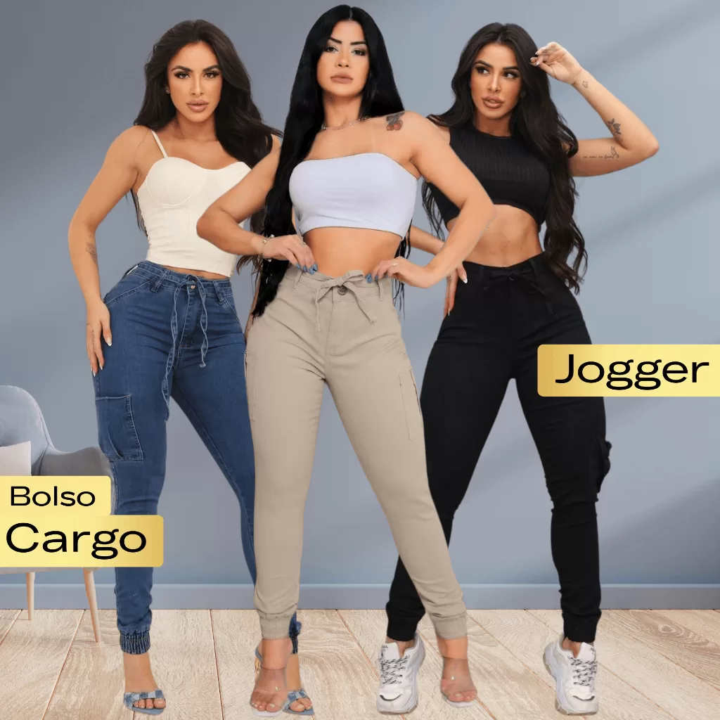 Calça Jeans Feminina Jogger Sarja Bolso Cargo Lateral Cintura Alta Jeans e Sarja Premium