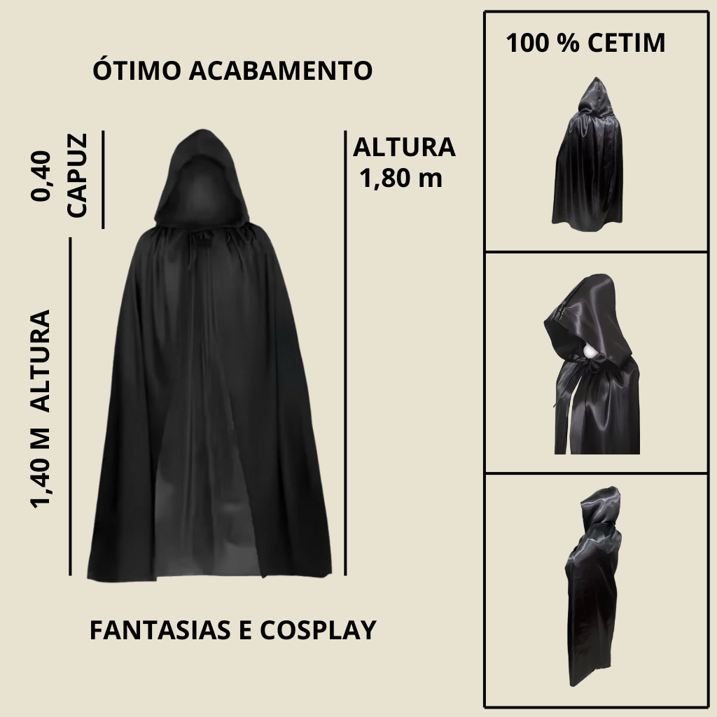 CAPA LUXO HALLOWEEN – CETIM BRILHOSO COM CAPUZ ADULTO 1,80m | BRUXA, VAMPIRO, EXU