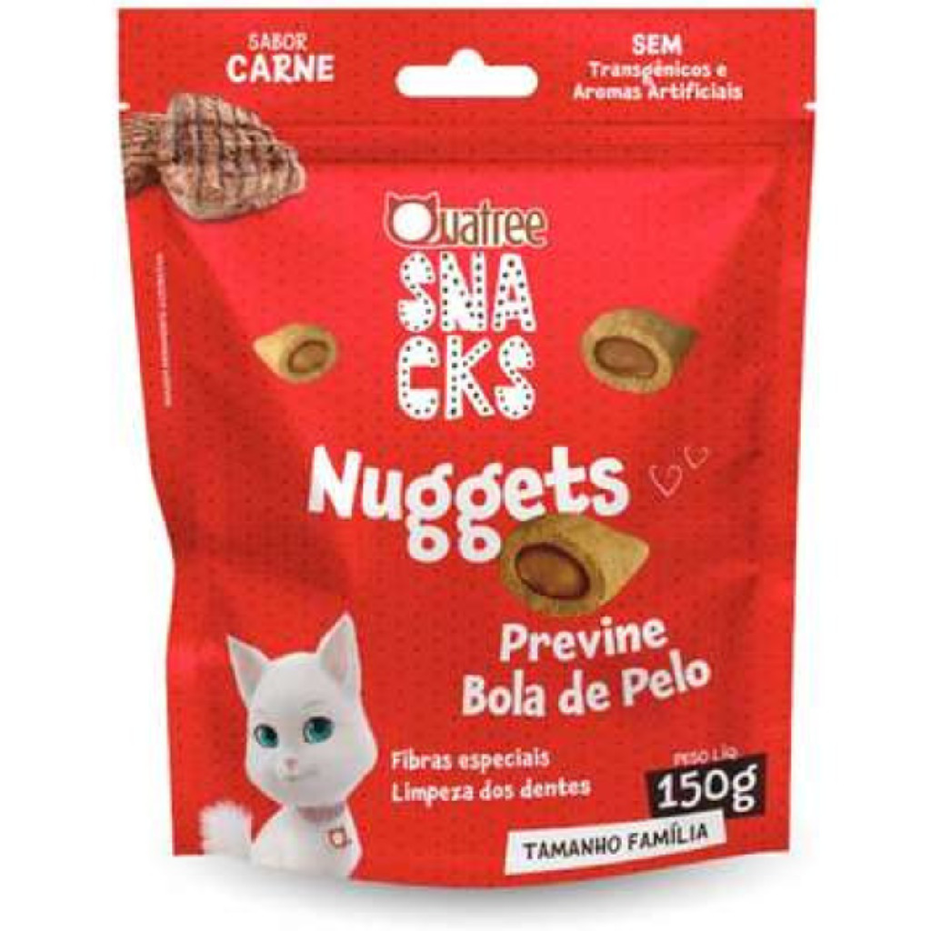 Petisco Quatree Snacks Nuggets Gatos Bola de Pelo Carne 150g