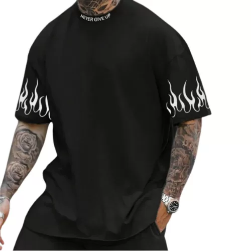 Camiseta Oversized Mangas Fogo Maculina Estampada 