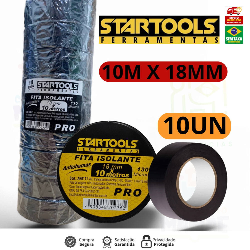Fita Isolante Kit 10 unidades PVC 5M ou 10M Antichama 130 microns Pacote com 10 AR0170  AR0171
