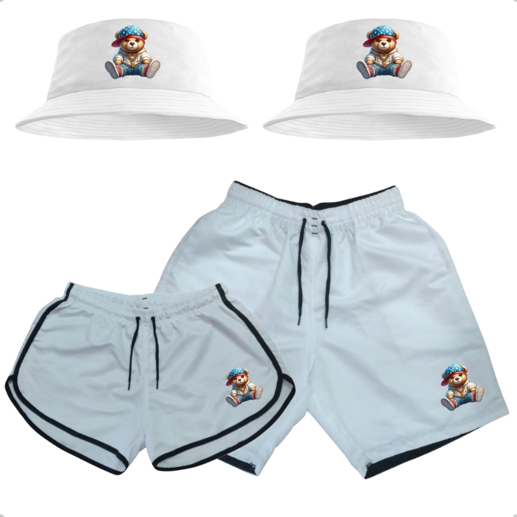 Kit Shorts Praia Casal Mozão + 2 Chapéu Bucket Hat Praia Piscina Combinando lançamento