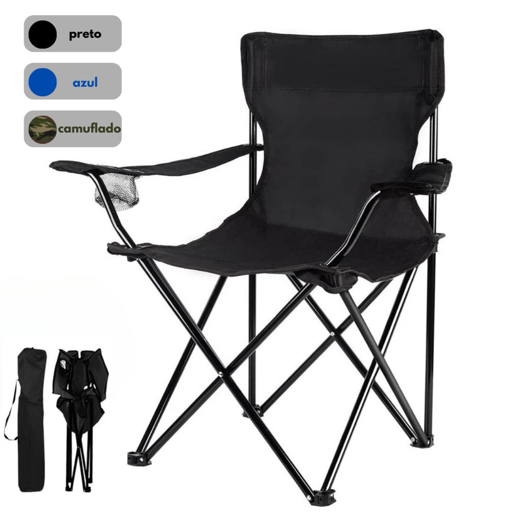 Cadeira Camping Dobrável Com Porta Copos e Bolsa Pesca Praia Acampamento 130kg