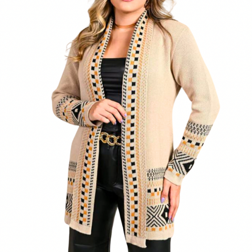 Cardigan Kinomo Tricot Feminino Quadriculado Casaco Manga Longa Elegante Sobretudo Feminina Trico