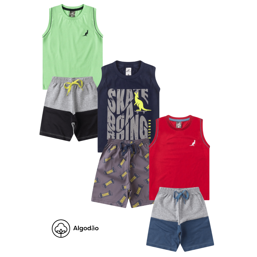 Kit 6 Peças Conjunto Infantil Menino Regata Calor Verão Novidade Roupa Menino Algodão 6 a 14 anos