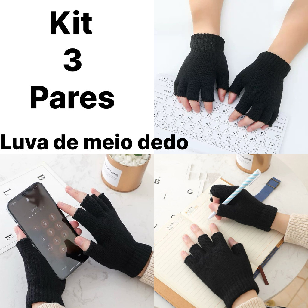 Kit 1- 3 pares luvas de meio dedo de lã antiderrapante Unissex Masculino e feminino para inverno fri