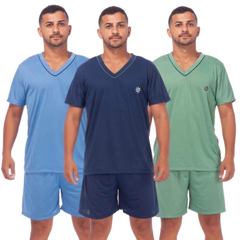 Kit 3 Pijamas Masculino Liso Short Curto Manga Cur