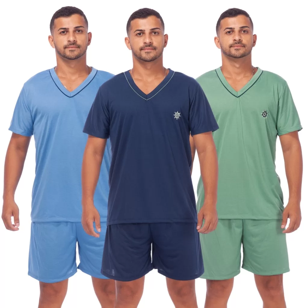 Kit 3 Pijamas Masculino Liso Short Curto Manga Curta Confortável Promoção