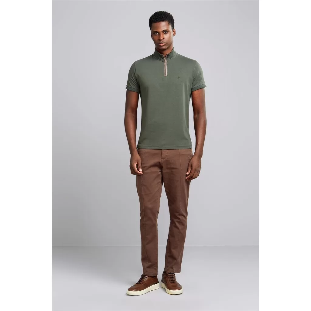 Polo Manga Curta com Zíper Premium Slim Fit – Verde Escuro