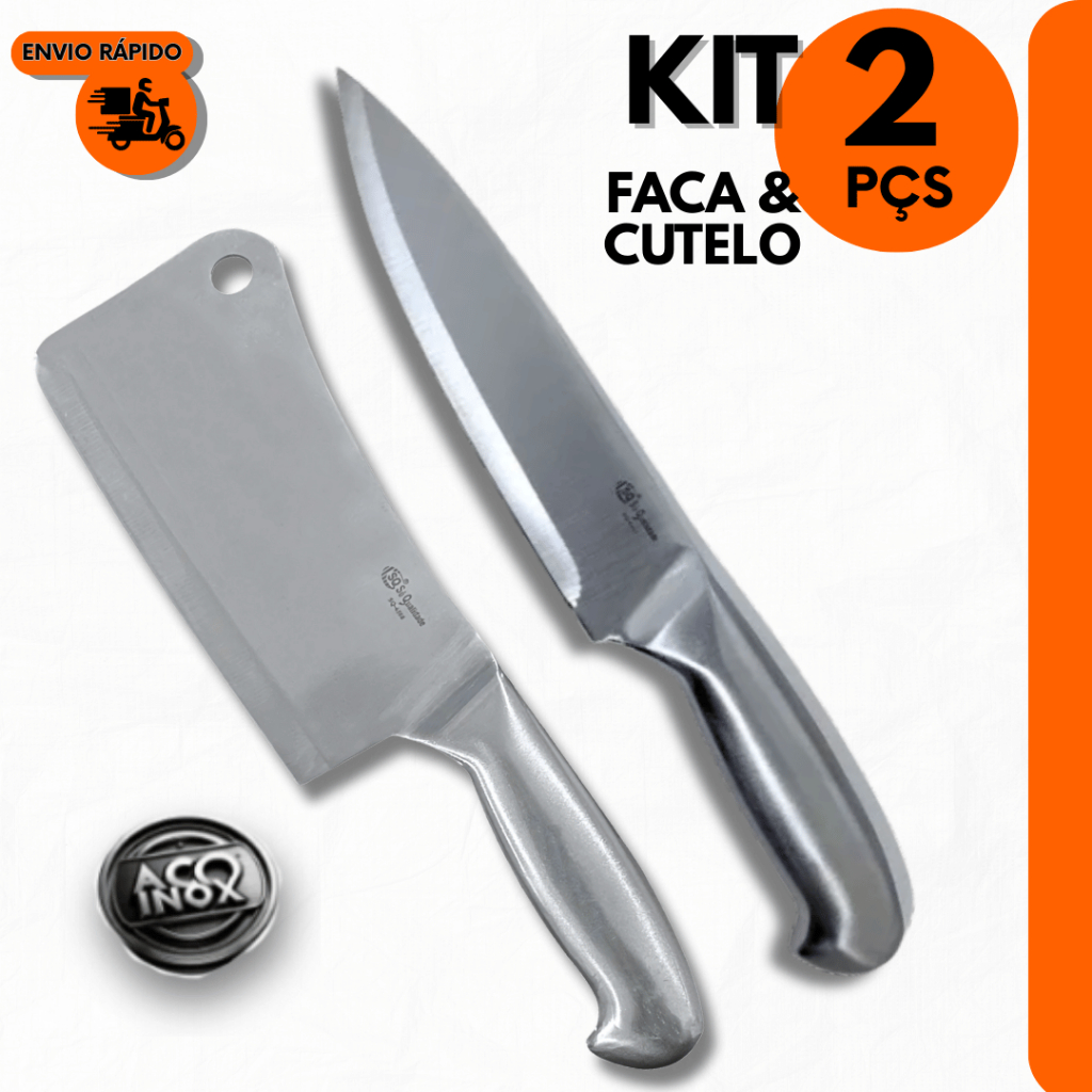 Kit 2 Pçs Faca e Cutelo 7, 29cm Inteiriço Profissional Aço Inox para Churrasco Açougue Cozinha