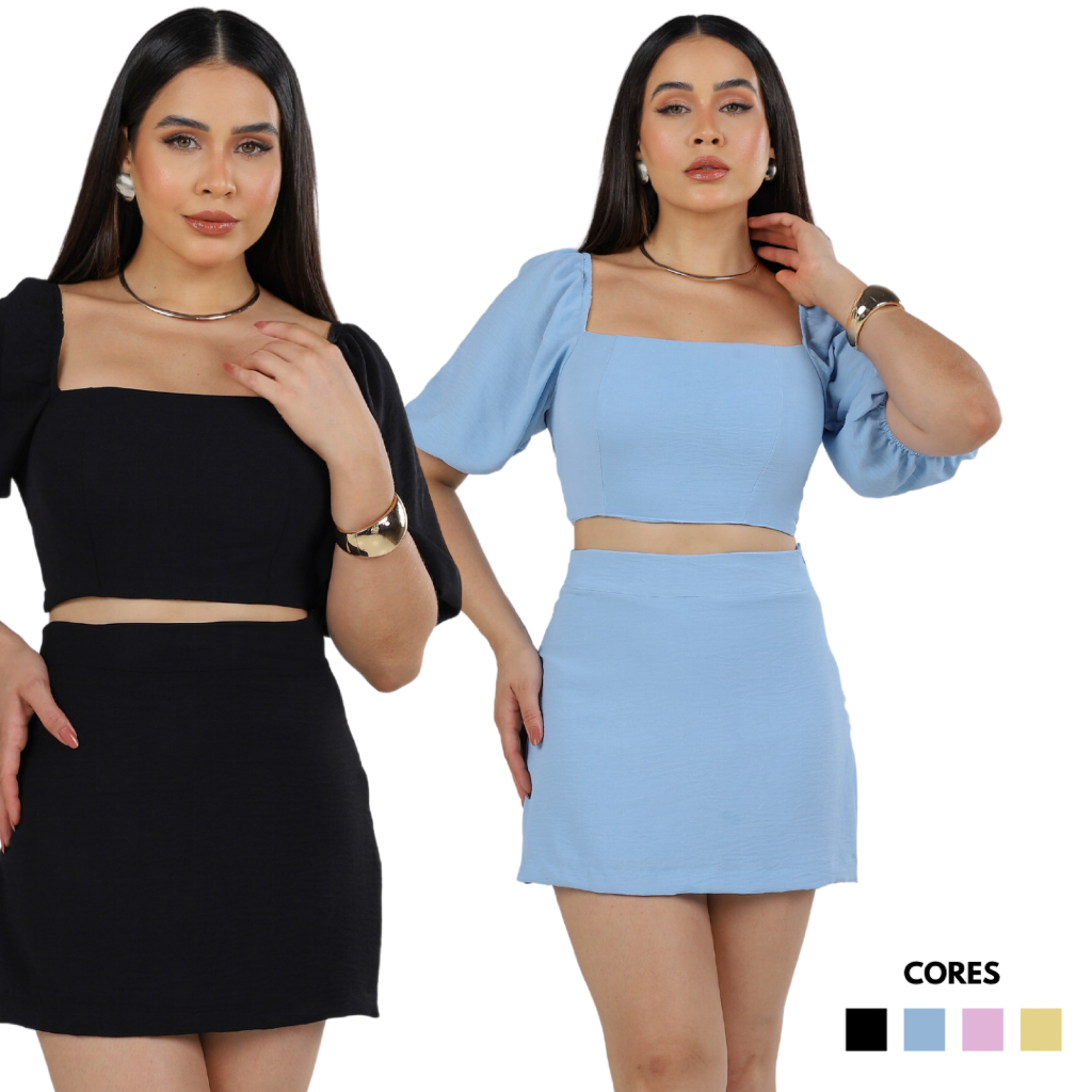 Conjunto Feminino Cropped e Short Saia Leve e Confortável Varias Cores