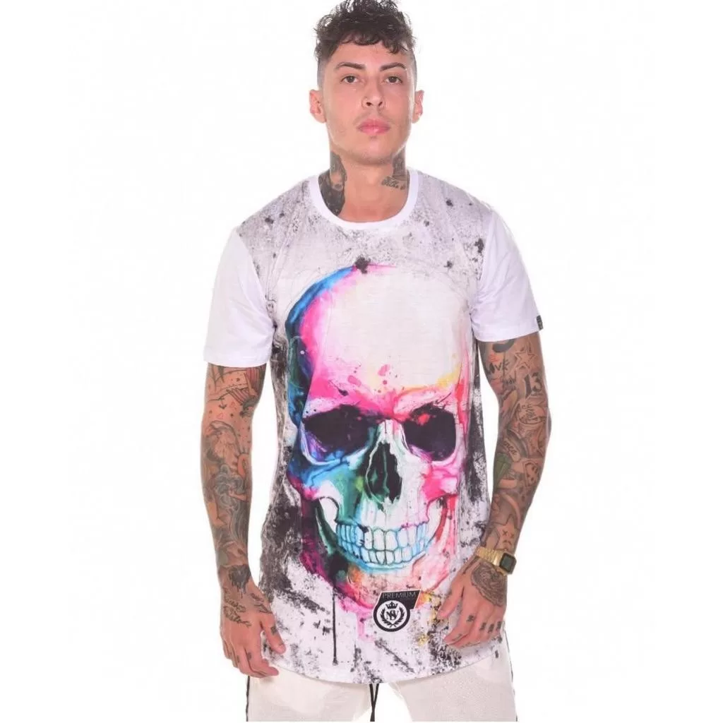 Camiseta Longline/Oversized Caveira colorida