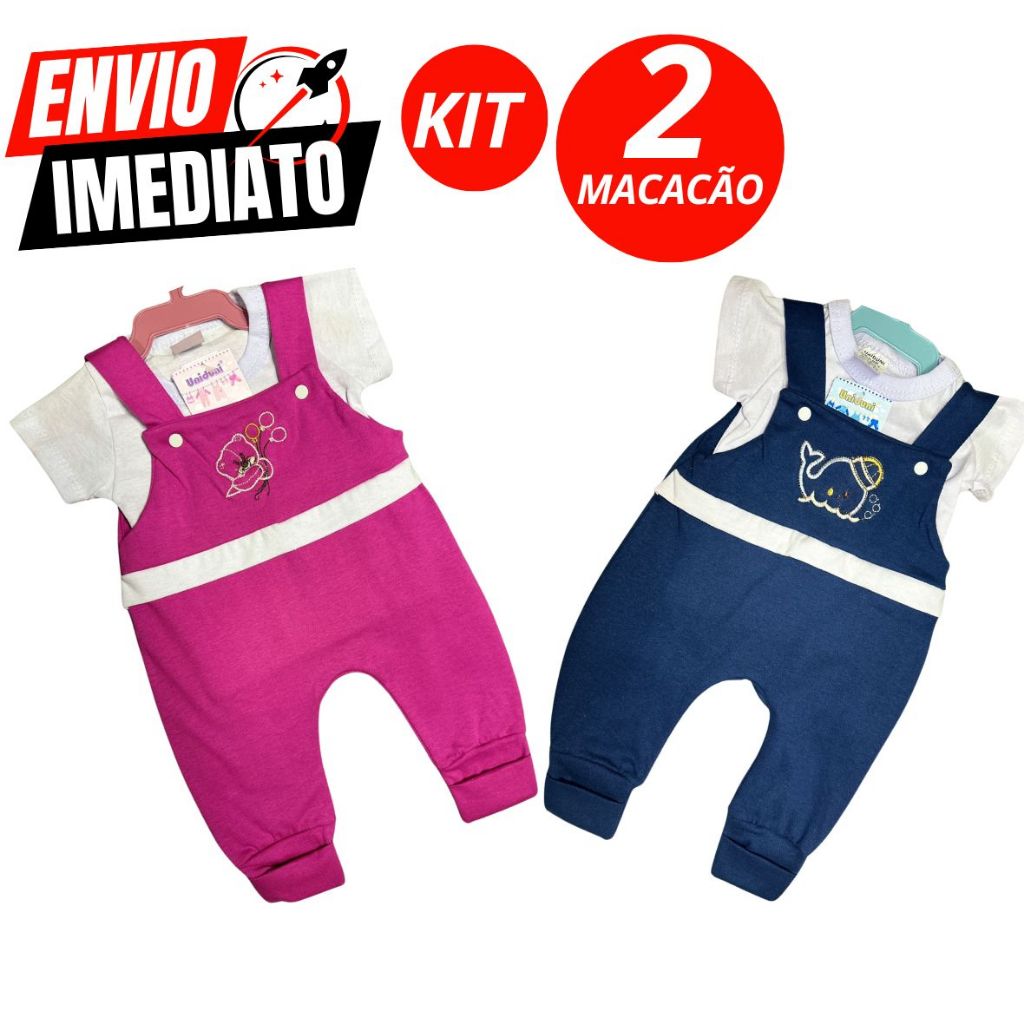 Kit 2 Macacão Bebê Estampado Com Camiseta Infantil Criança Jardineira GR150