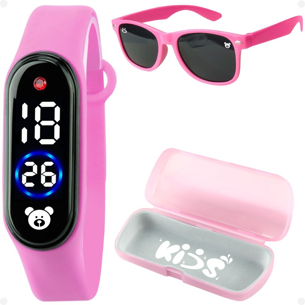 Case + Oculos Protecao UV prova dagua silicone rosa social qualidade premium garota ajustavel menina