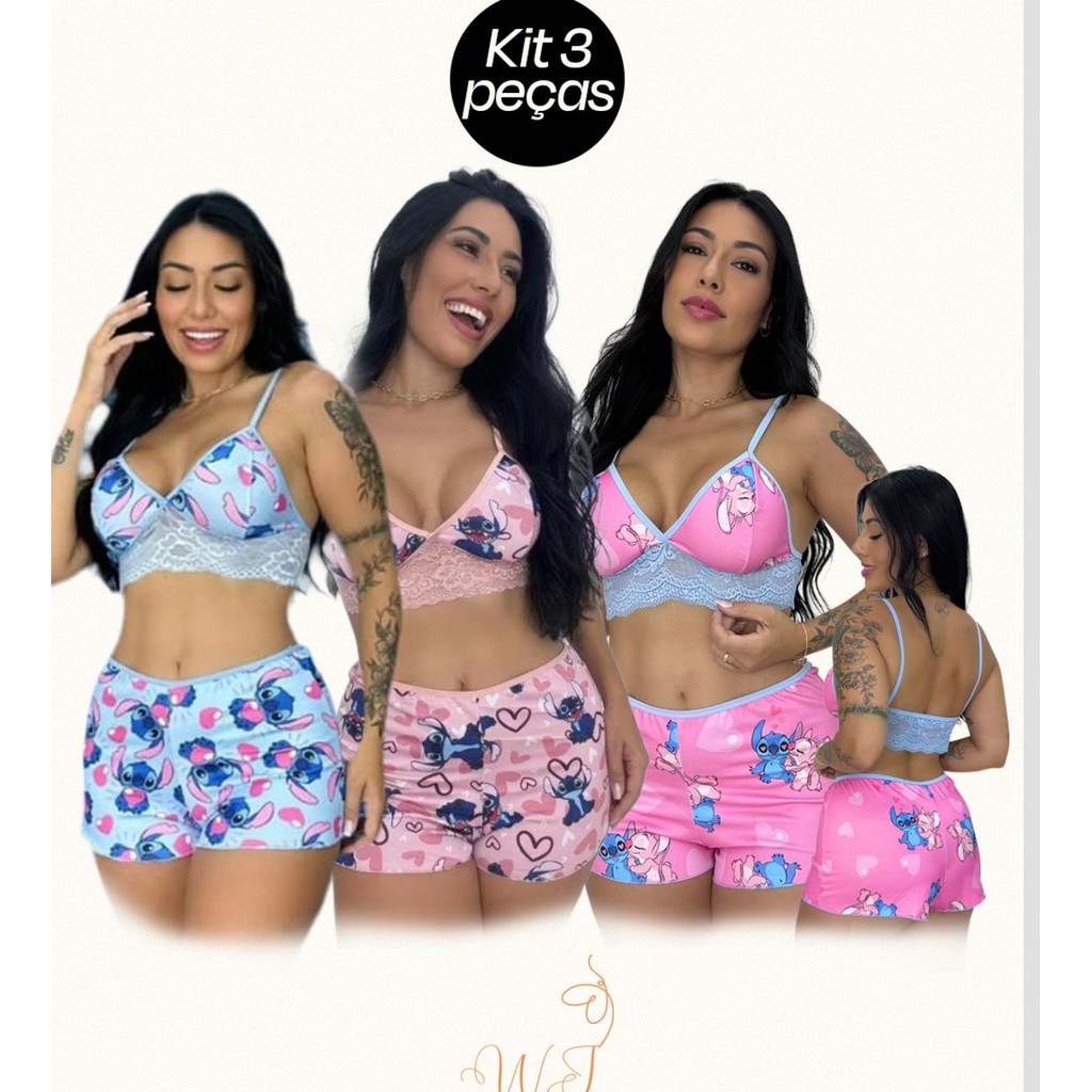 Kit 3 Top Doll Personagens Suede Com Renda Baby Doll Cropped