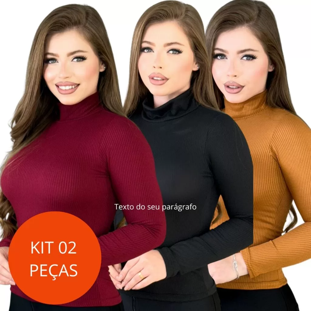 Kit 02 Peças Gola Alta Manga Longa Algodão premium Elegante Moda Feminina Casual Inverno