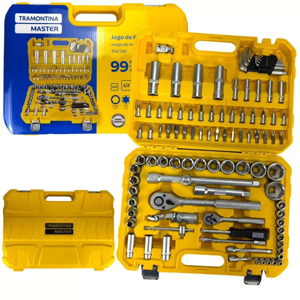 Jogo de Ferramentas Completa
99 Peças Soquetes Chaves Combinadas e Maleta Tramontina