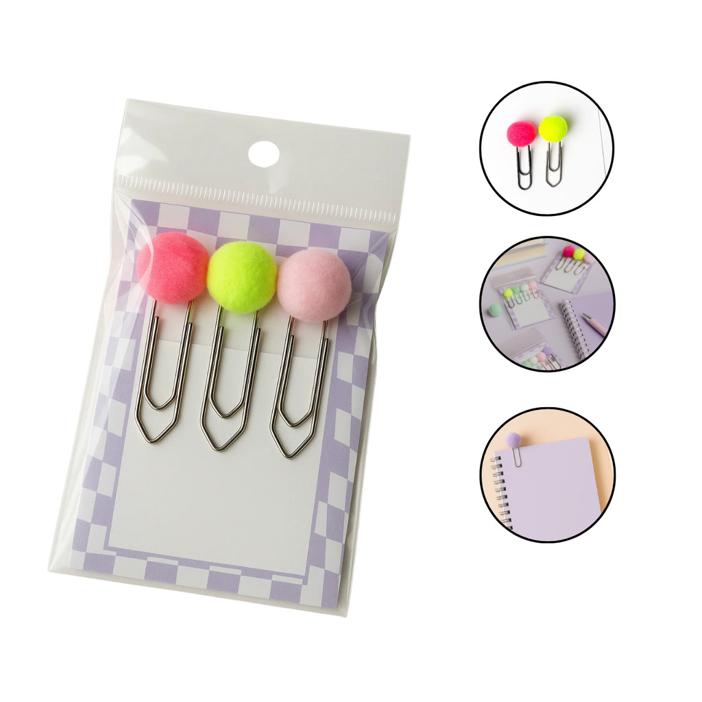 Kit 3 Clips Papel Marca Página Pompom Neon