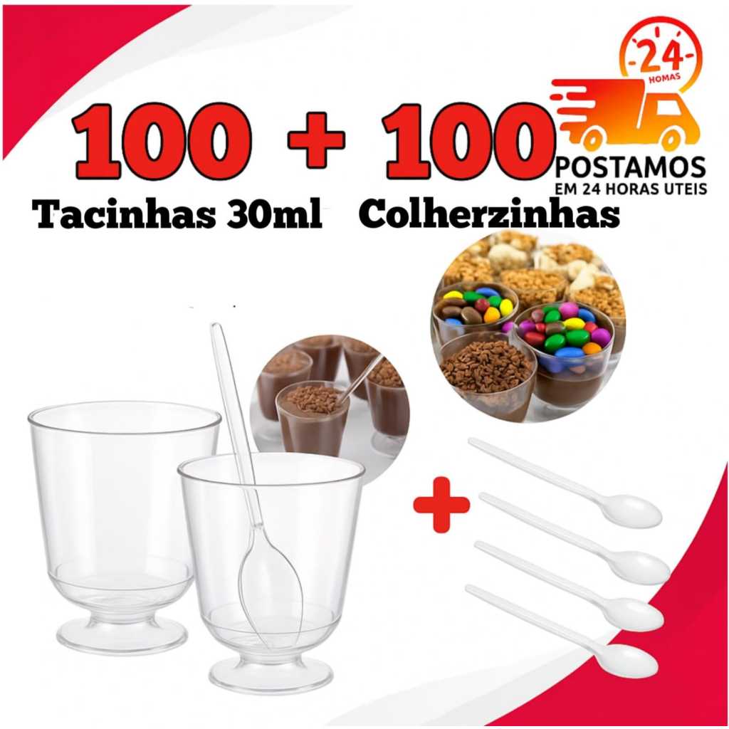 KIT 30/50/100/200 TACINHA 30 ML BRIGADEIRO ACRÍLICO + 100 MINI COLHER