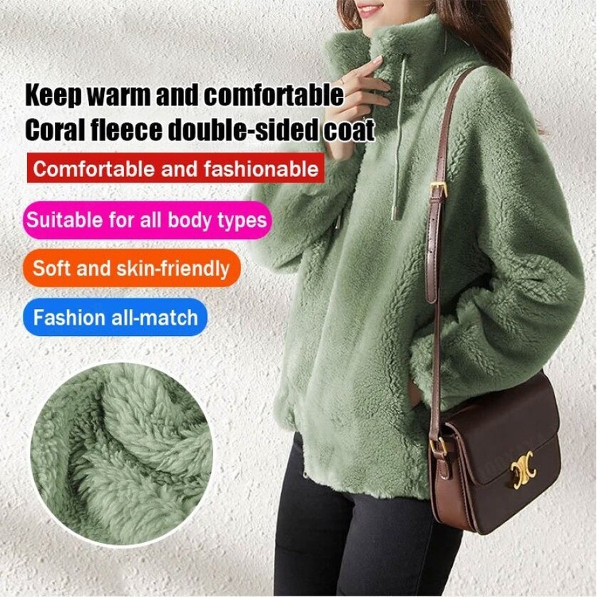 Jaquetas de veludo dupla face femininas quentes no inverno com zíper gola alta Casaco Quente De Dupl