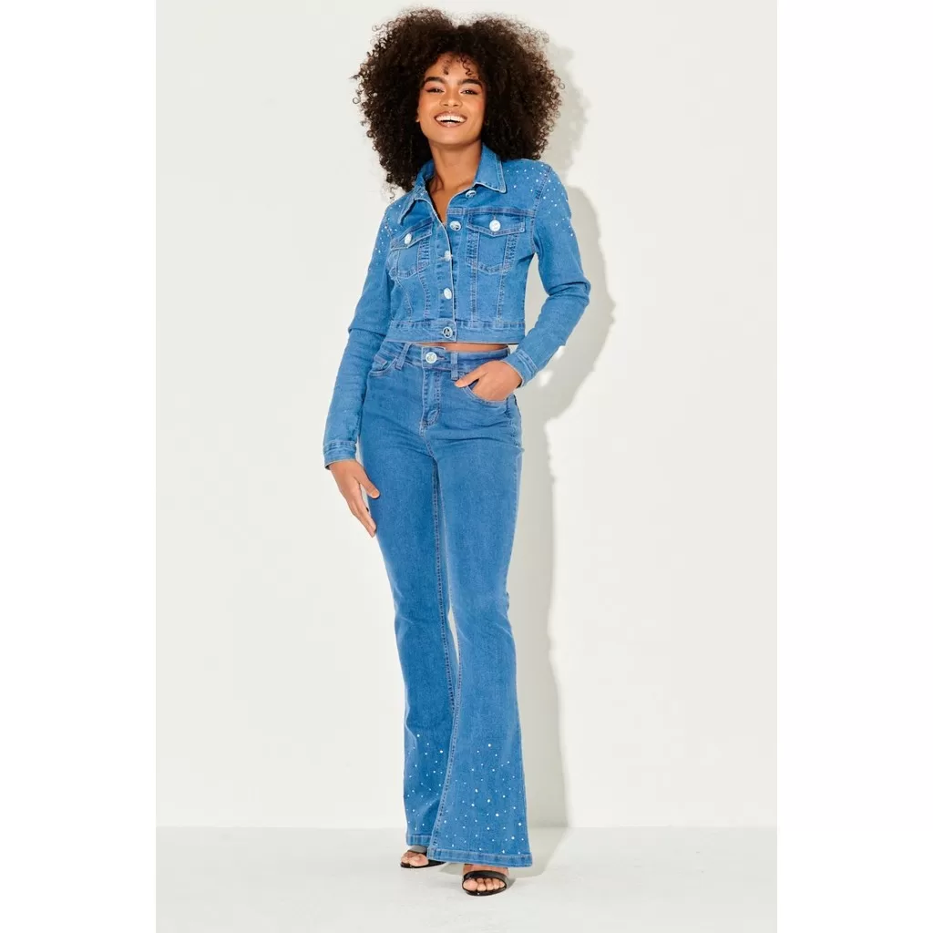 Calça Jeans Feminina Flare Strass Planet Girls Jeans Claro
