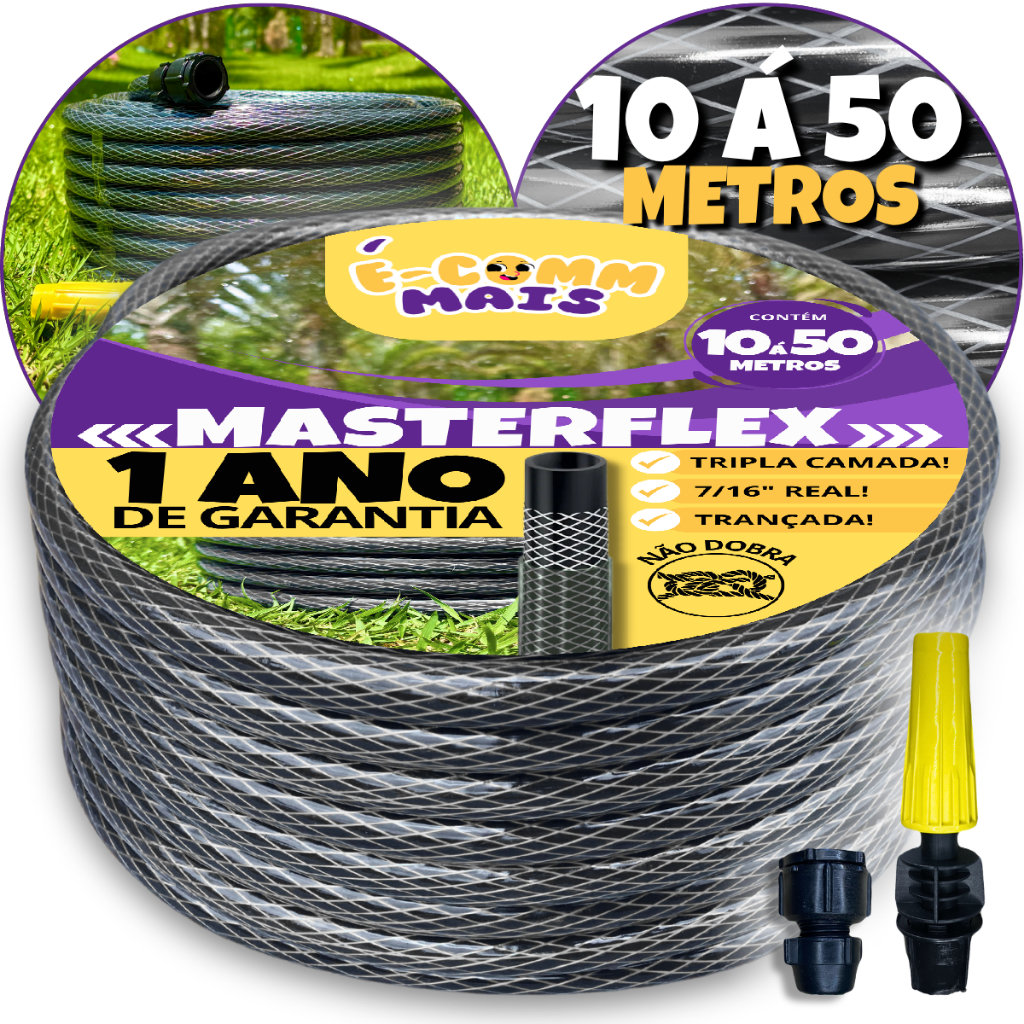Mangueira de Jardim Trançada Grafite 7/16 (Kit Completo) – 10m à 50m Reforçada Trançada Resistente