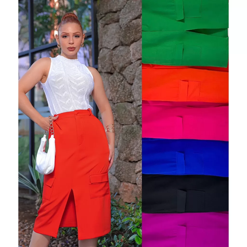 Saia Midi Cargo Alfaiataria C/ Fenda Central Peito – Bolso Lateral Elegante Feminina