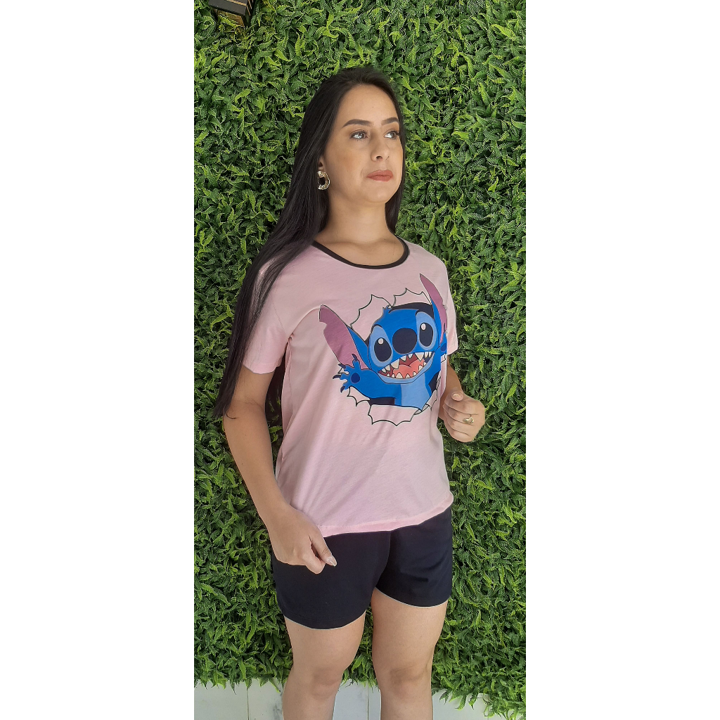 Pijama Feminino Adulto Barato Short Doll Moda Stitch