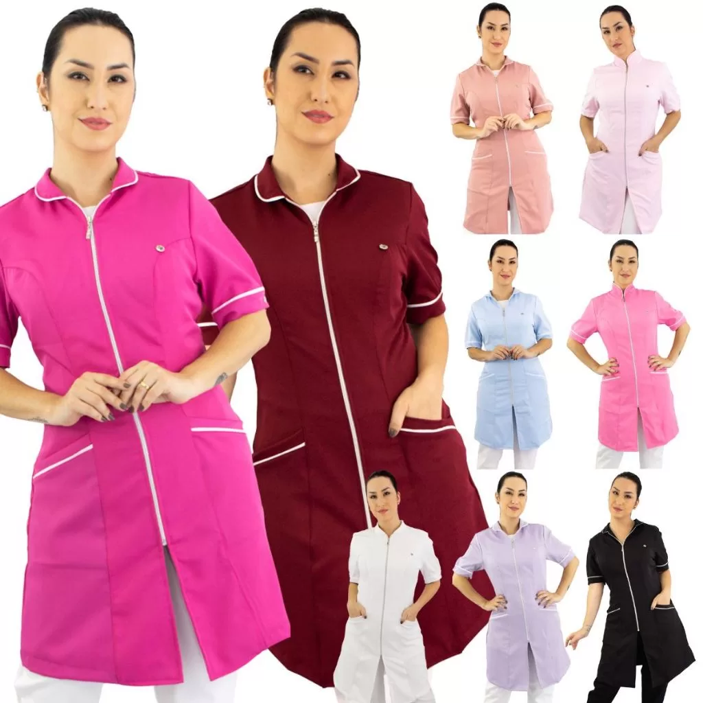 Jaleco Feminino Gola Padre Manga Curta Várias Cores BORDADO Profissional Nail Designer Salão de Bele