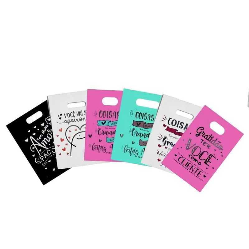 50 sacolas boca de palhaço ou vazada 20X30 e 30X40 com frases preta ou pink