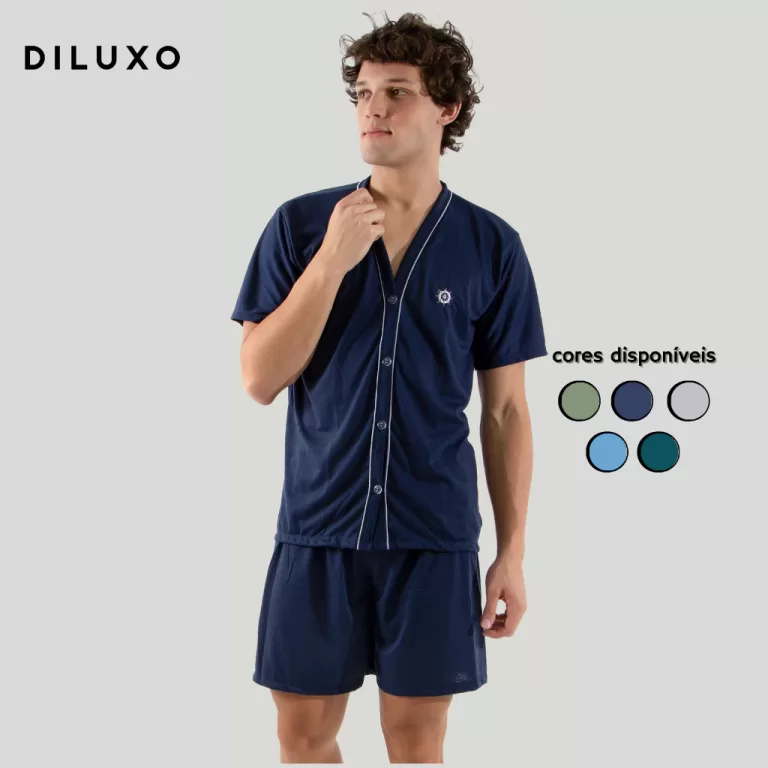 Pijama Curto de Botão Masculino Malha Verão Mang