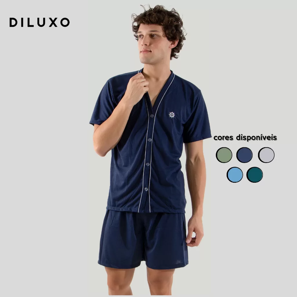 Pijama Curto de Botão Masculino Malha Verão Manga Curta