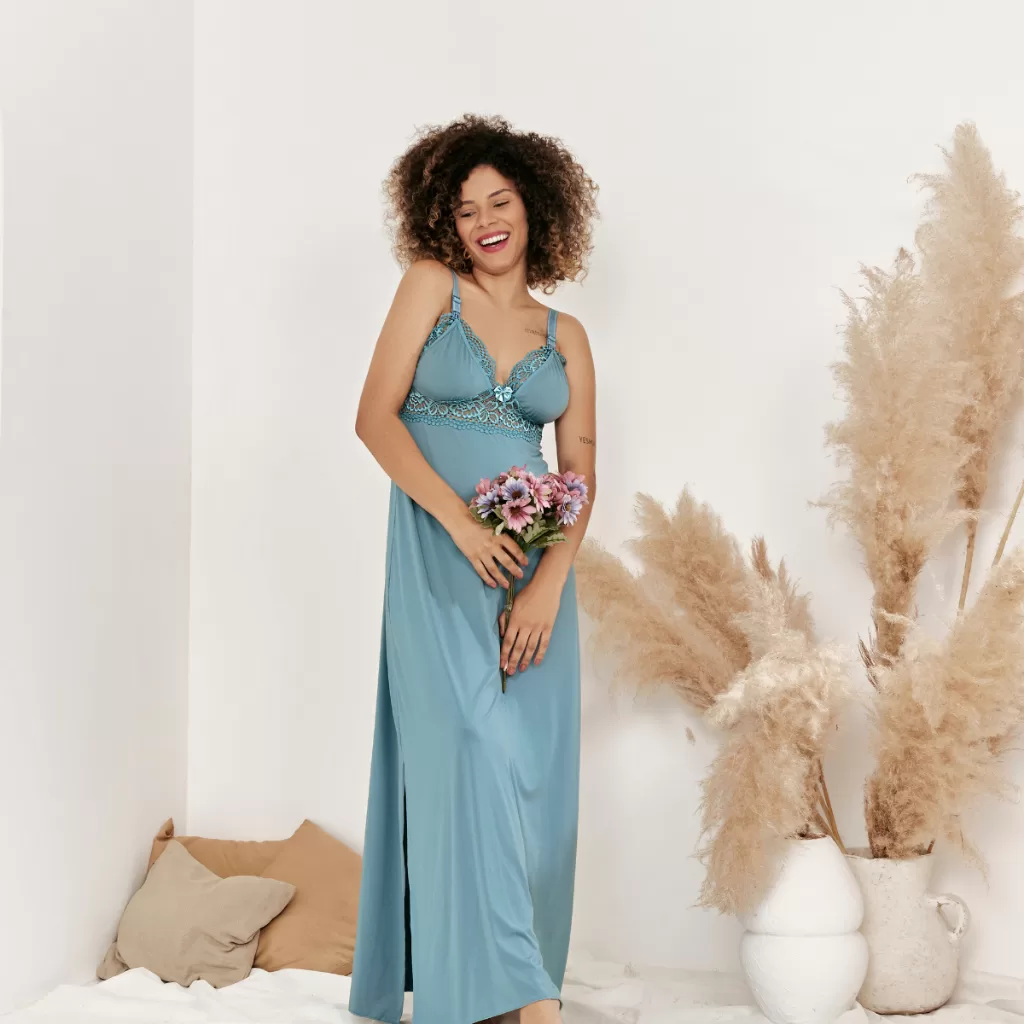 Camisola De Renda Amamentação Gestação Longa Luxo Click