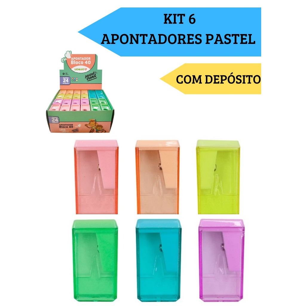 Kit 6 Apontadores Com Depósito Bloco 40  Pastel Trend Escolar Escritório LeoELeo