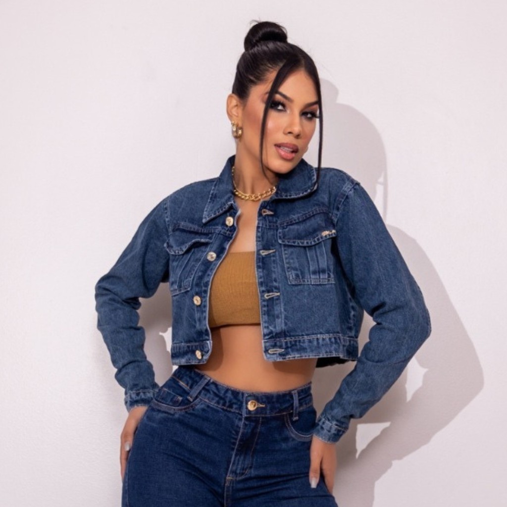 Jaqueta Jeans Botões Inverno Barra Feita Lavagem Escura