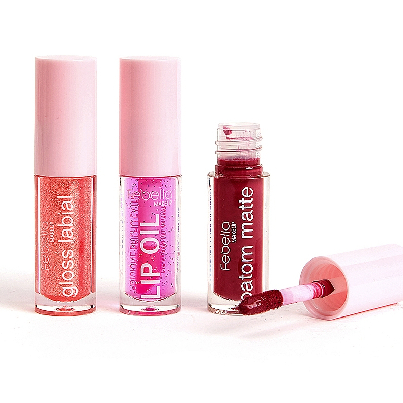 3 Gloss Labial, Lip Oil, Batom Matte Febella, hidratação, brilho, perfeito Kit com 3 Gloss labial