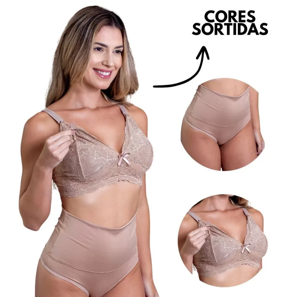 Kit Conjunto Amamentação Sutiã Renda e Calcinha Baixa Gestante Pós Parto Abre Fácil