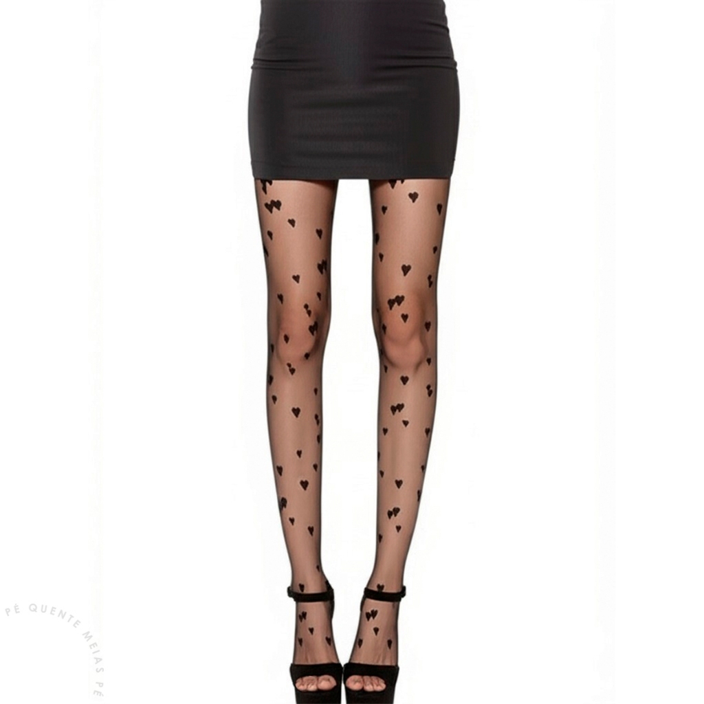 Meia Calça Fio 15 Microfibra Fina Estampada Corações Tendencia Preta Feminina Adulto