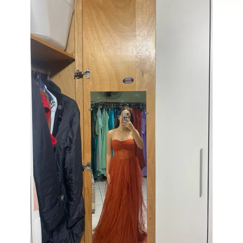 vestido de festa longo madrinha formatura casamento convidada debutante elegante tule terracota bril