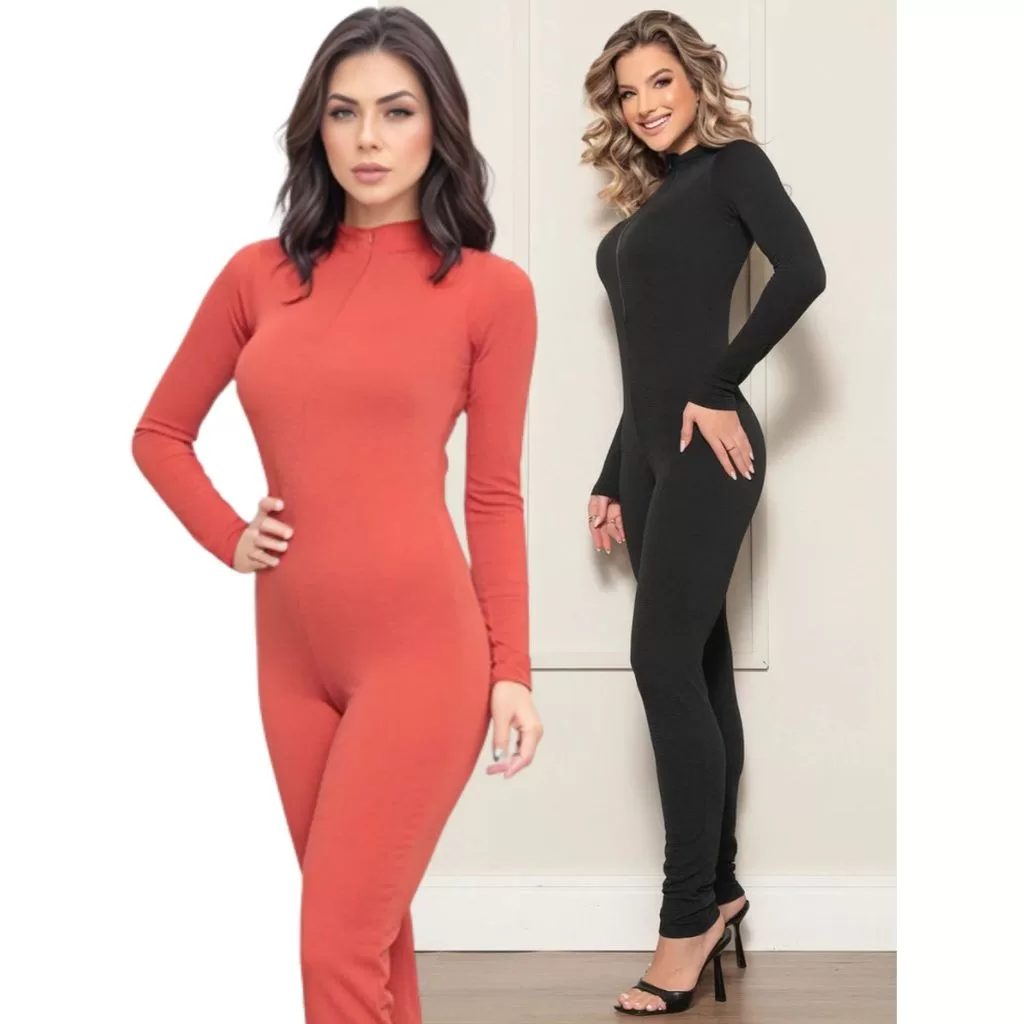 Macacão Vírginia Feminino Manga Longa Zíper Modinha Modela o Corpo Gola Alta