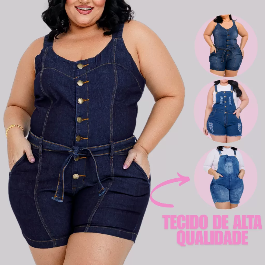 Jardineira Short Macaquinho Jeans Plus Size Feminina Lycra