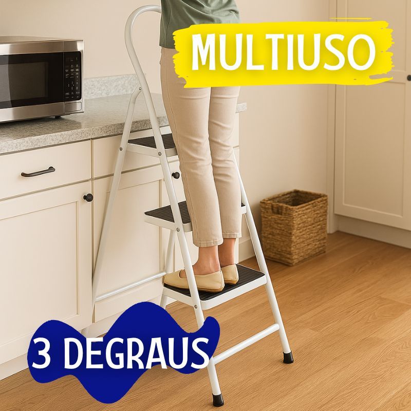 Escada Domestica 3 Degraus Reforçada Degraus Antiderrapante em Aço Limpeza Trabalho Segurança