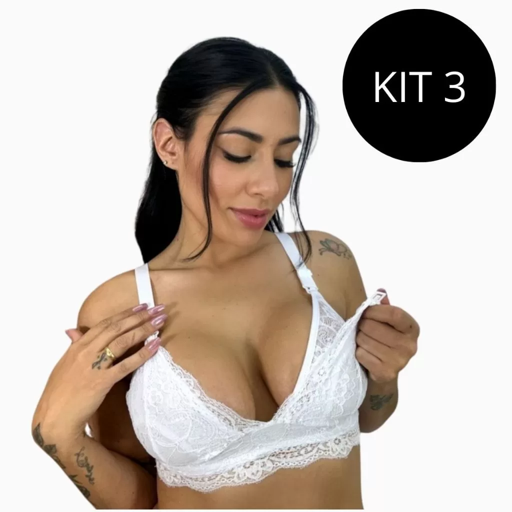 Kit 3 Sutiã Amementação Conforto Reforçado Renda Fácil Abertura